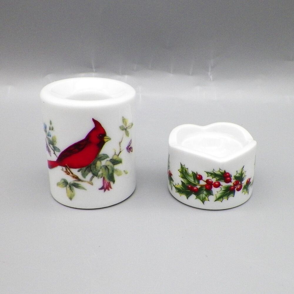 2 Miniature West Germany Porcelain Candle Holders Christmas Cardinal & Holly